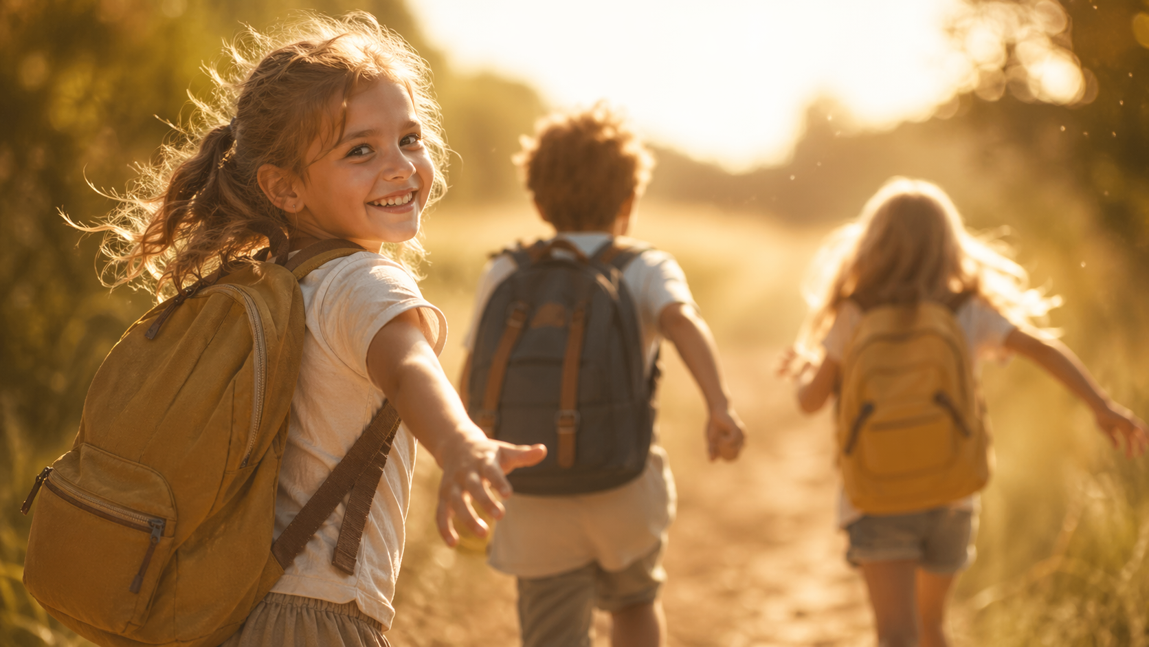 A group of children run toward the sunlight, and a little girl turns back, smiling.