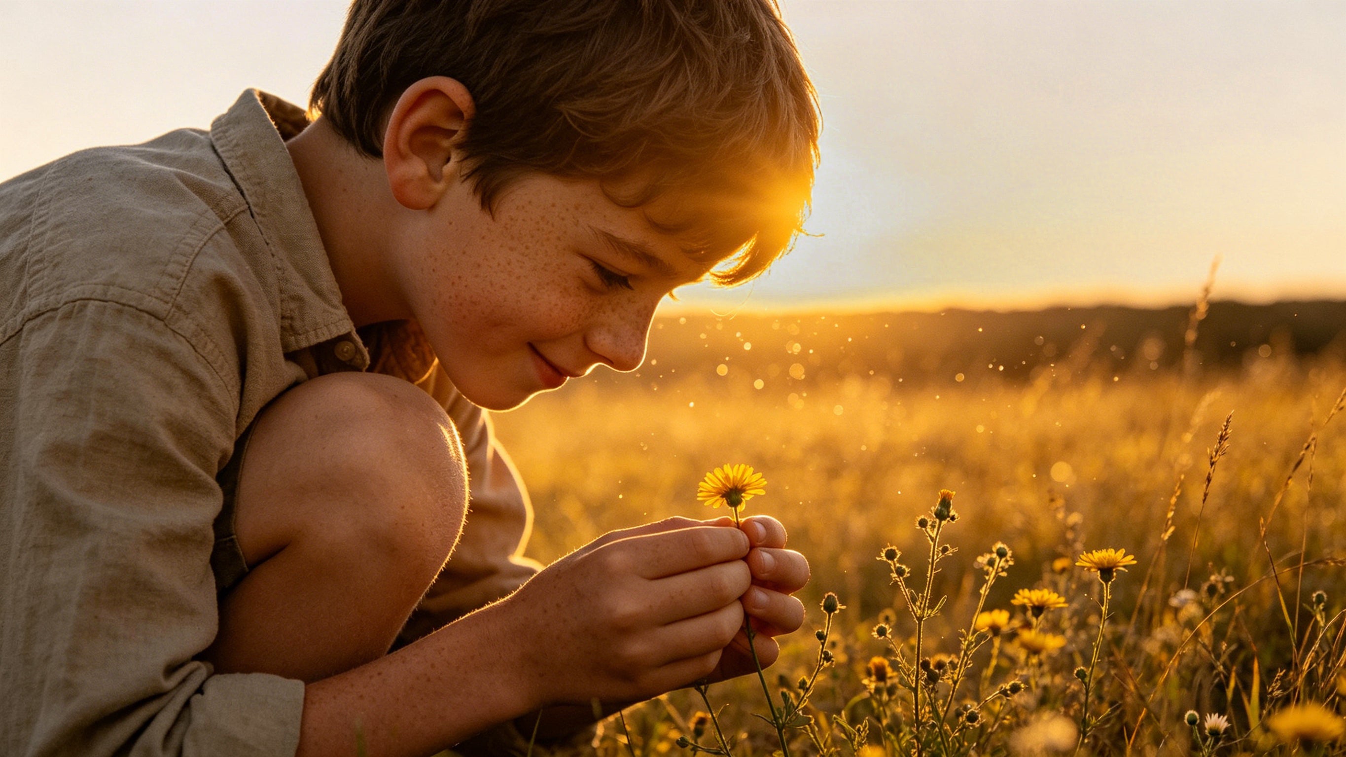 A little boy reaches out to touch a small flower, smile