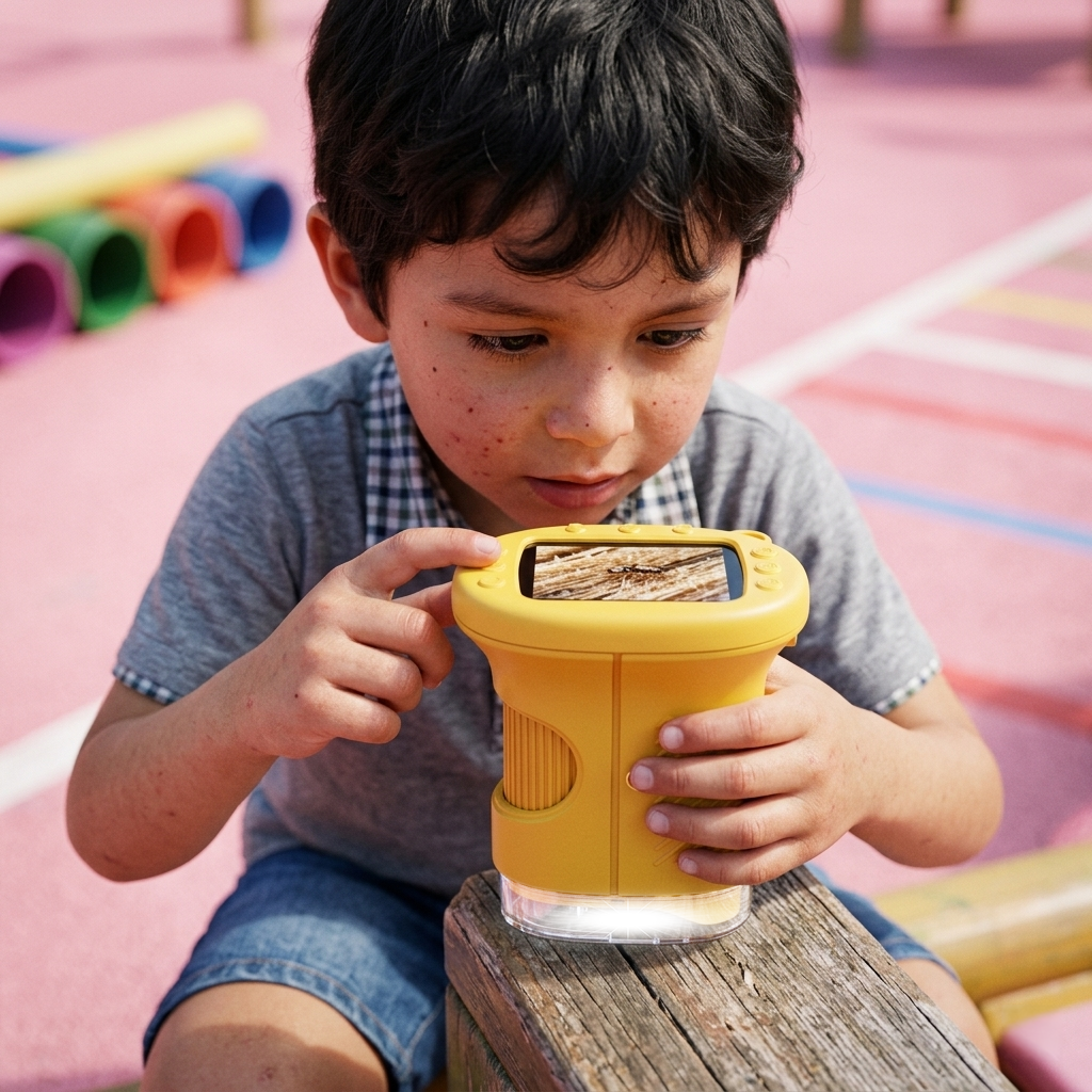 A boy enjoys using an ASPOVEN binocular