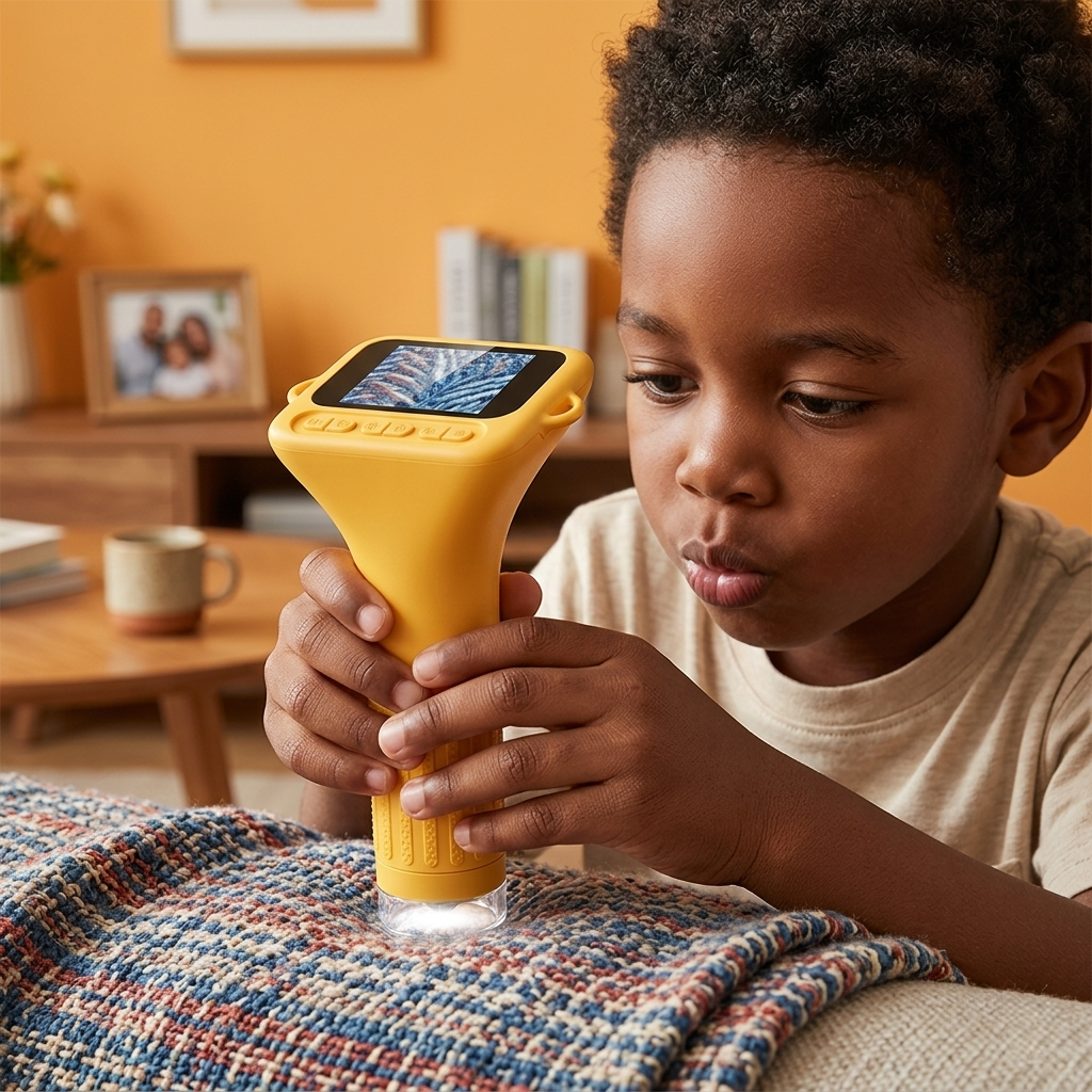A boy enjoys observing cloth with his ASPOVEN microscope