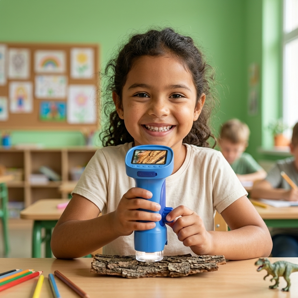 A girl enjoys observing woods with her ASPOVEN microscope