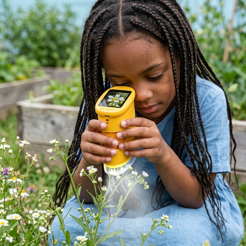 A girl enjoys observing flowers with her ASPOVEN microscope