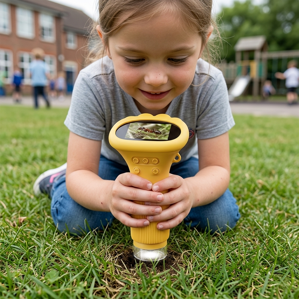 A girl enjoys observing ants with her ASPOVEN microscope